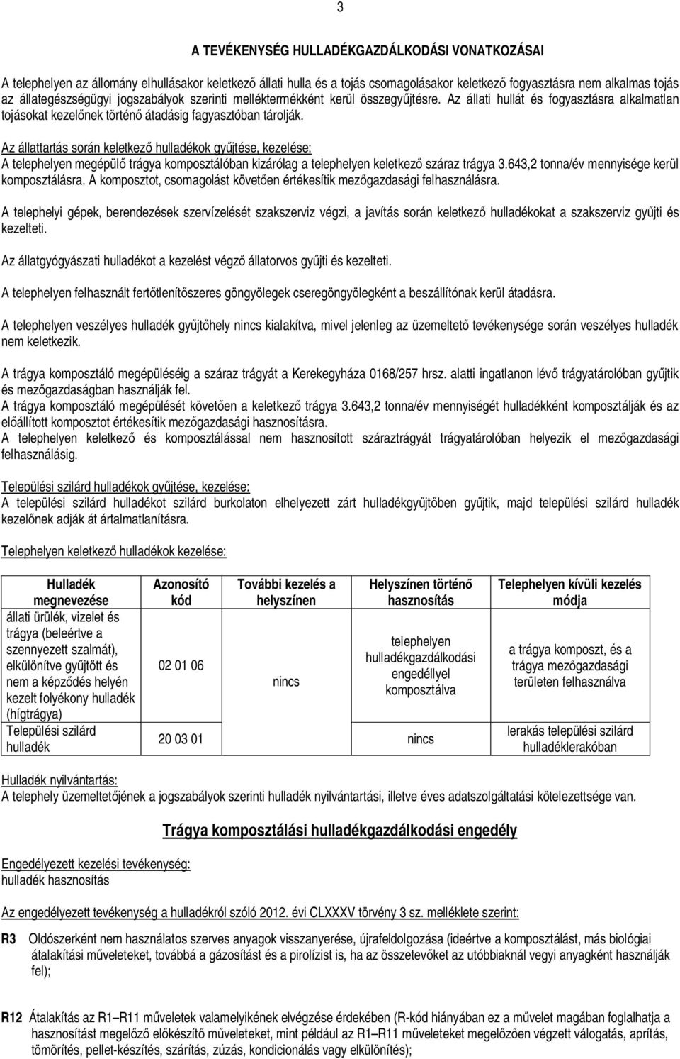 Az állattartás során keletkez hulladékok gy jtése, kezelése: A telephelyen megépül trágya komposztálóban kizárólag a telephelyen keletkez száraz trágya 3.