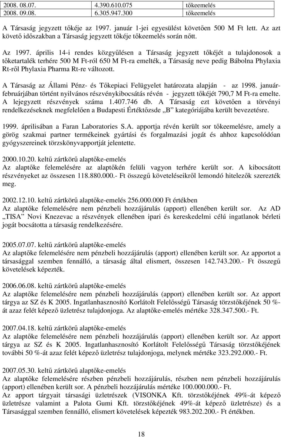 április 14-i rendes közgyűlésen a Társaság jegyzett tőkéjét a tulajdonosok a tőketartalék terhére 500 M Ft-ról 650 M Ft-ra emelték, a Társaság neve pedig Bábolna Phylaxia Rt-ről Phylaxia Pharma Rt-re