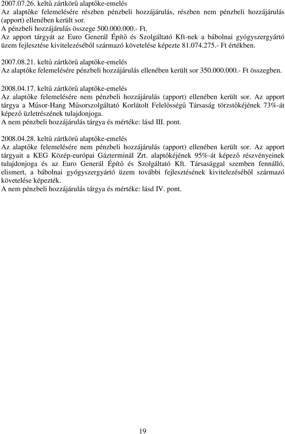 21. keltű zártkörű alaptőke-emelés Az alaptőke felemelésére pénzbeli hozzájárulás ellenében került sor 350.000.000.- Ft összegben. 2008.04.17.