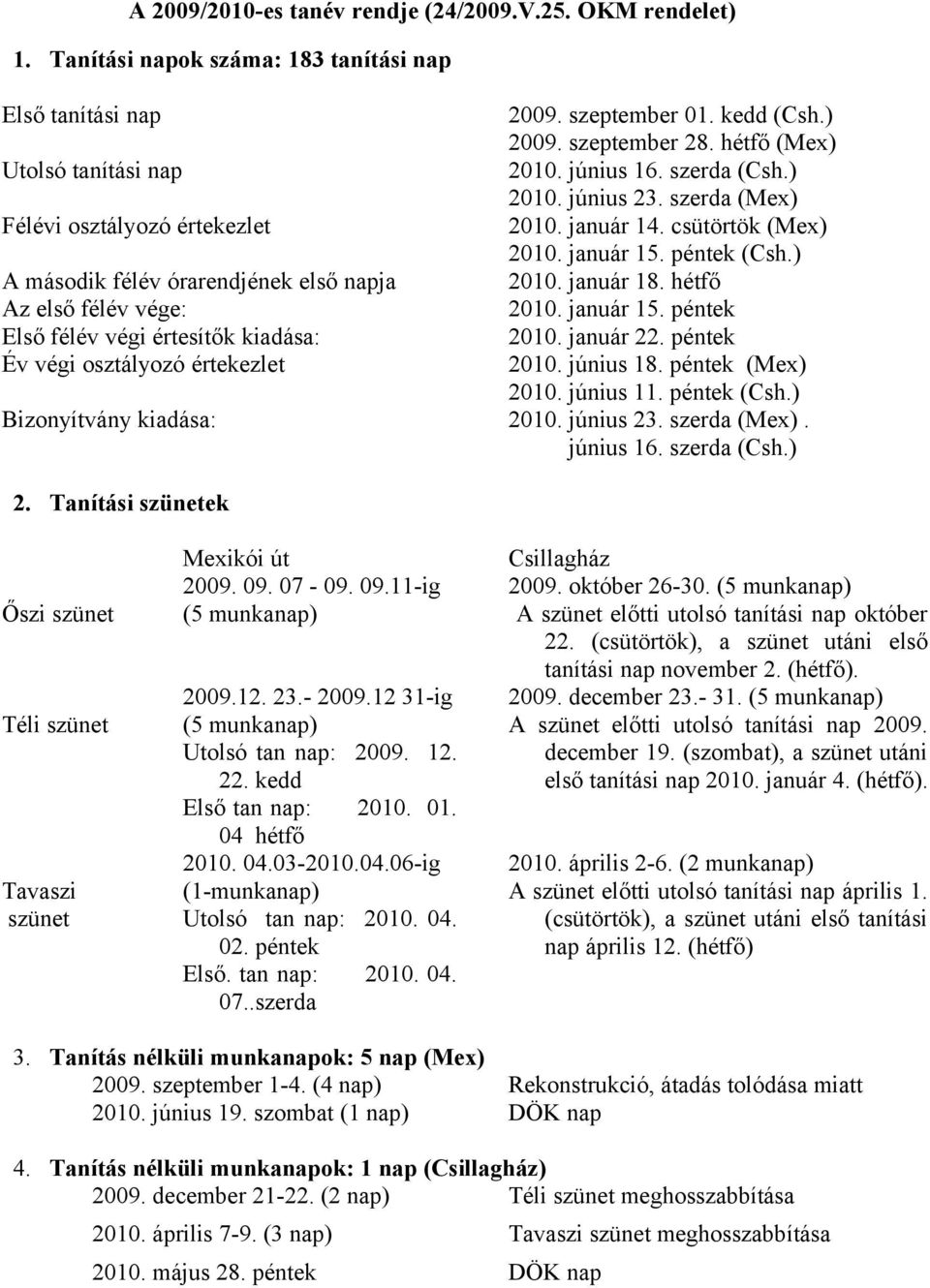 kiadása: Év végi osztályozó értekezlet Bizonyítvány kiadása: 2009. szeptember 01. kedd (Csh.) 2009. szeptember 28. hétfő (Mex) 2010. június 16. szerda (Csh.) 2010. június 23. szerda (Mex) 2010.