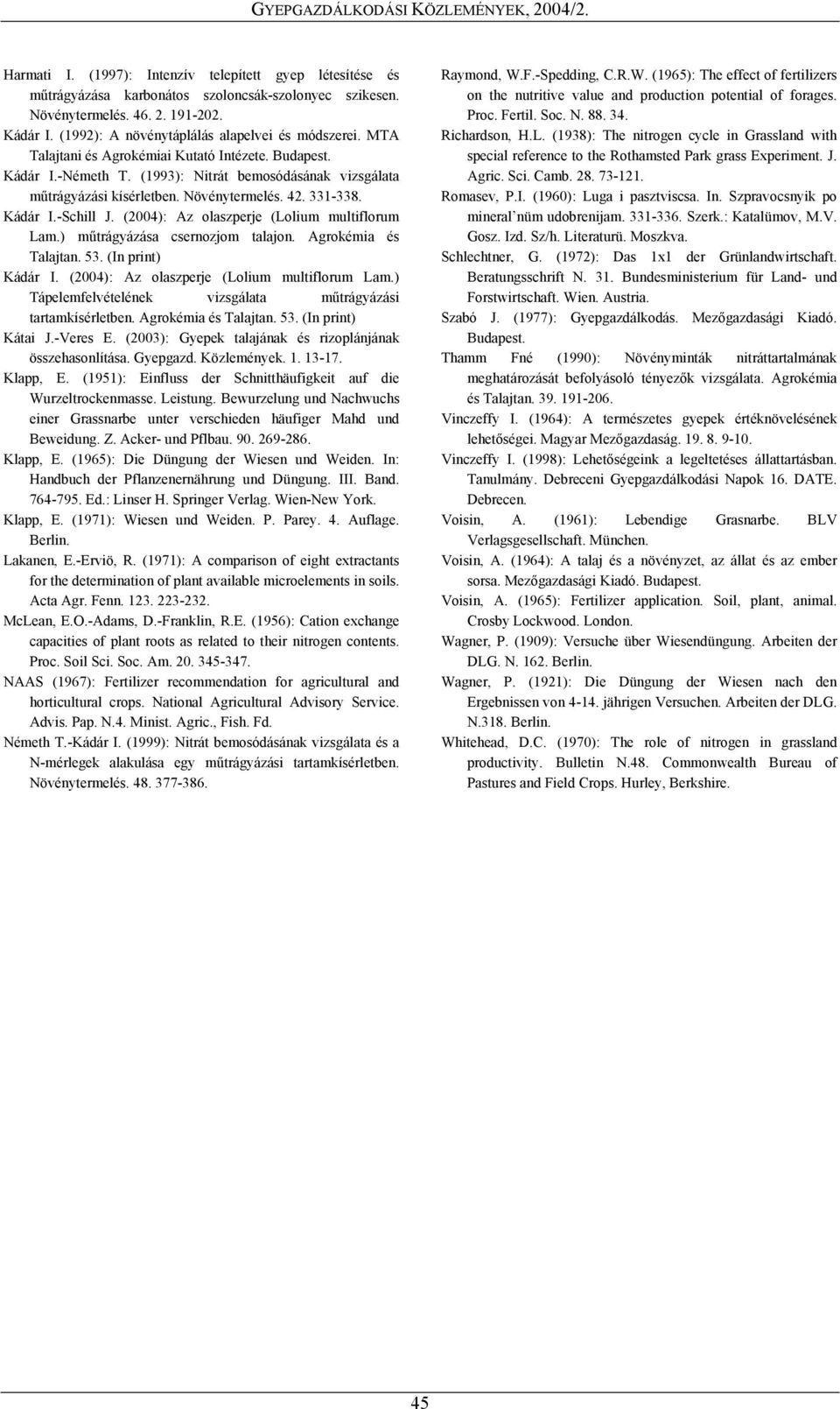 Növénytermelés. 42. 331-338. Kádár I.-Schill J. (2004): Az olaszperje (Lolium multiflorum Lam.) műtrágyázása csernozjom talajon. Agrokémia és Talajtan. 53. (In print) Kádár I.