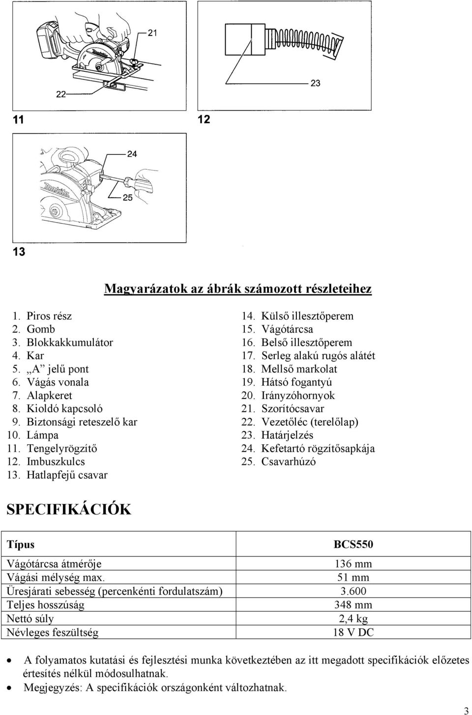 Lámpa 23. Határjelzés 11. Tengelyrögzítő 24. Kefetartó rögzítősapkája 12. Imbuszkulcs 25. Csavarhúzó 13. Hatlapfejű csavar SPECIFIKÁCIÓK Típus BCS550 Vágótárcsa átmérője 136 mm Vágási mélység max.