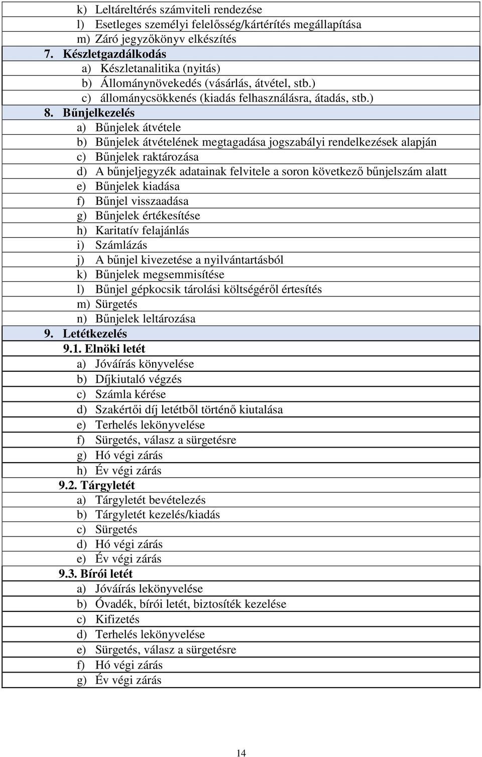 Bűnjelkezelés a) Bűnjelek átvétele b) Bűnjelek átvételének megtagadása jogszabályi rendelkezések alapján c) Bűnjelek raktározása d) A bűnjeljegyzék adatainak felvitele a soron következő bűnjelszám