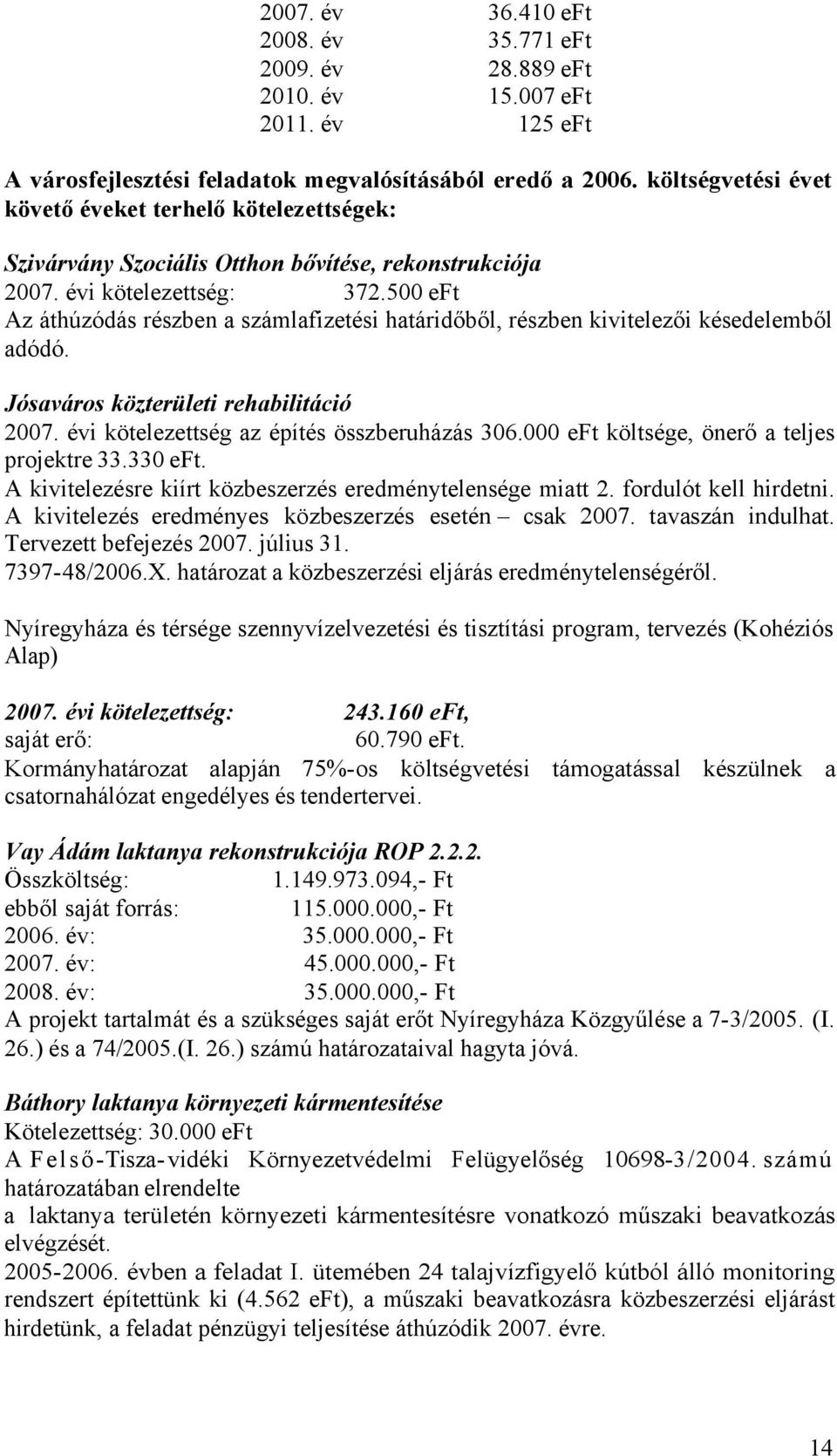 500 eft Az áthúzódás részben a számlafizetési határidőből, részben kivitelezői késedelemből adódó. Jósaváros közterületi rehabilitáció 2007. évi kötelezettség az építés összberuházás 306.