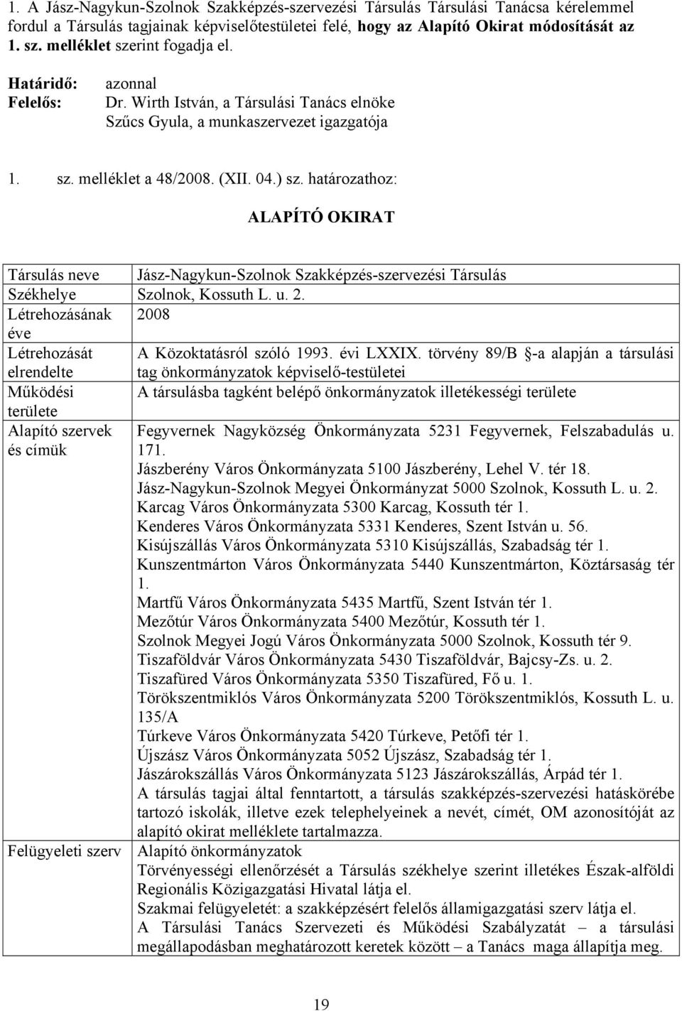 határozathoz: ALAPÍTÓ OKIRAT Társulás neve Jász-Nagykun-Szolnok Szakképzés-szervezési Társulás Székhelye Szolnok, Kossuth L. u. 2. Létrehozásának 2008 éve Létrehozását A Közoktatásról szóló 1993.