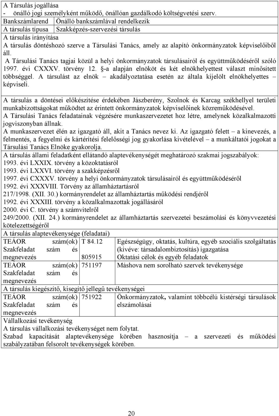 képviselőiből áll. A Társulási Tanács tagjai közül a helyi önkormányzatok társulásairól és együttműködéséről szóló 1997. évi CXXXV. törvény 12.