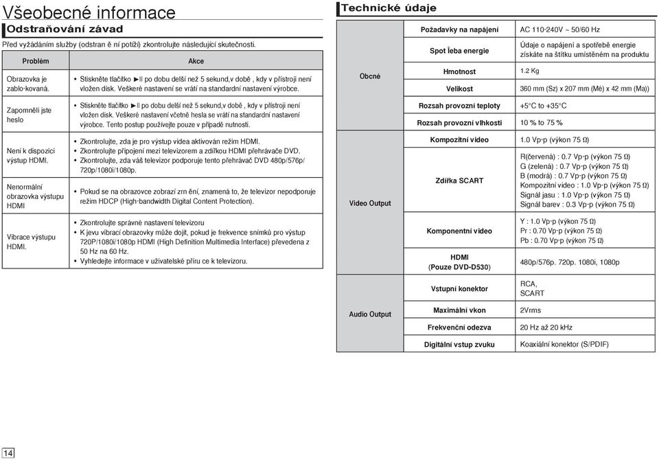 Technické údaje PoÏadavky na napájení Spot eba energie Hmotnost Obcné Velikost AC 110-240V ~ 50/60 Hz Údaje o napájení a spotřebě energie získáte na štítku umístěném na produktu 1.