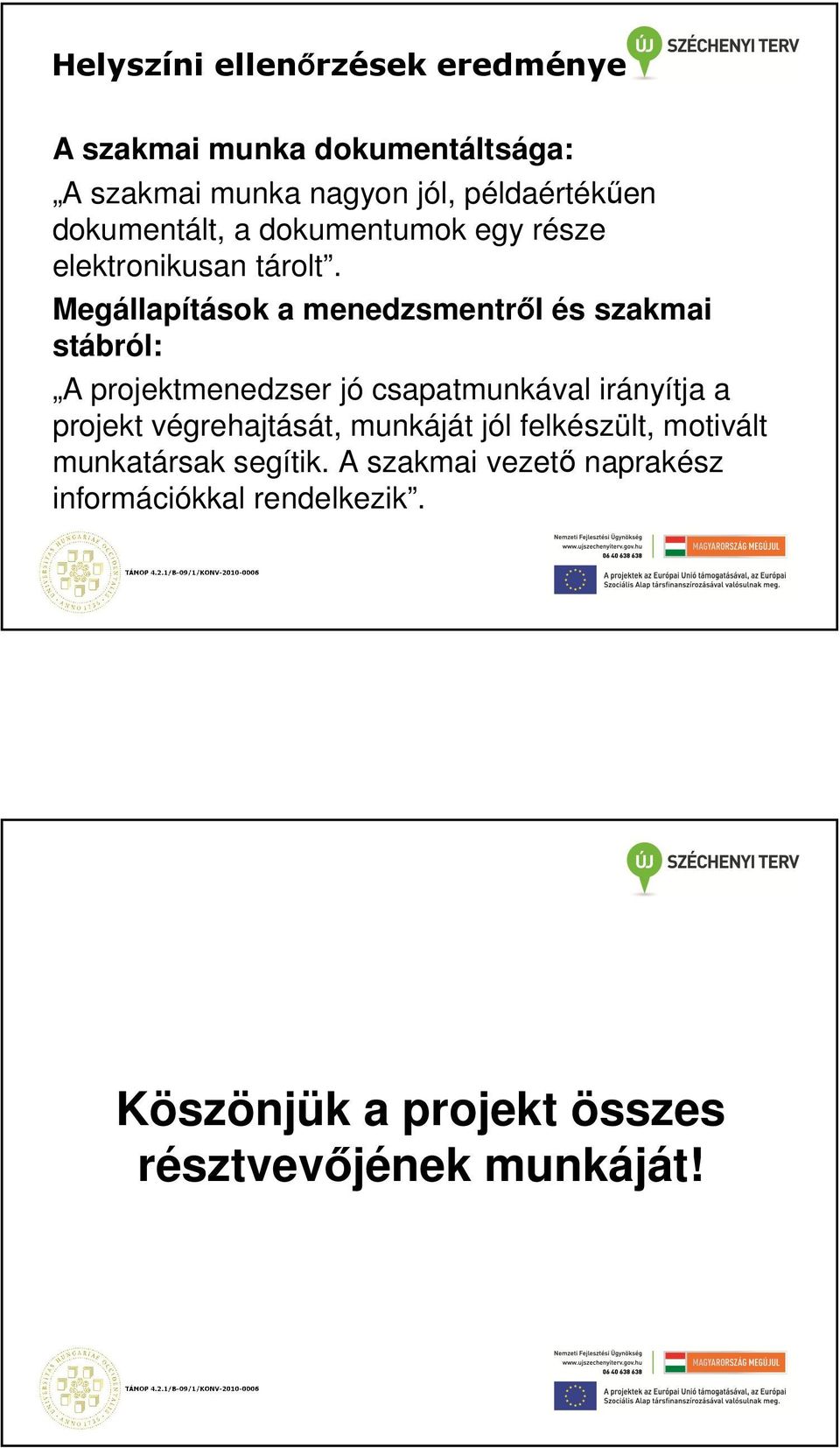 Megállapítások a menedzsmentről és szakmai stábról: A projektmenedzser jó csapatmunkával irányítja a projekt