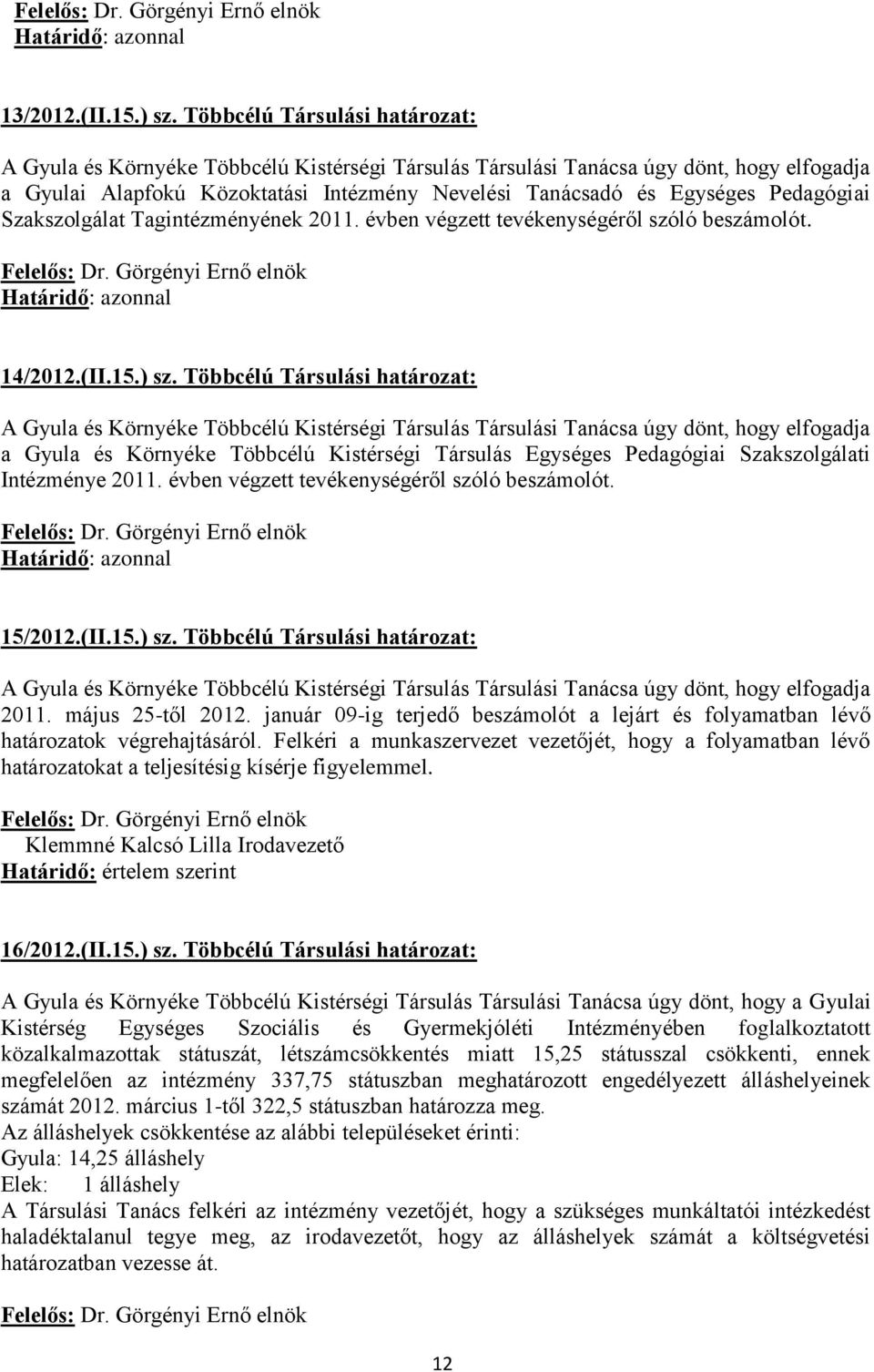 Pedagógiai Szakszolgálat Tagintézményének 2011. évben végzett tevékenységéről szóló beszámolót. Határidő: azonnal 14/2012.(II.15.) sz.