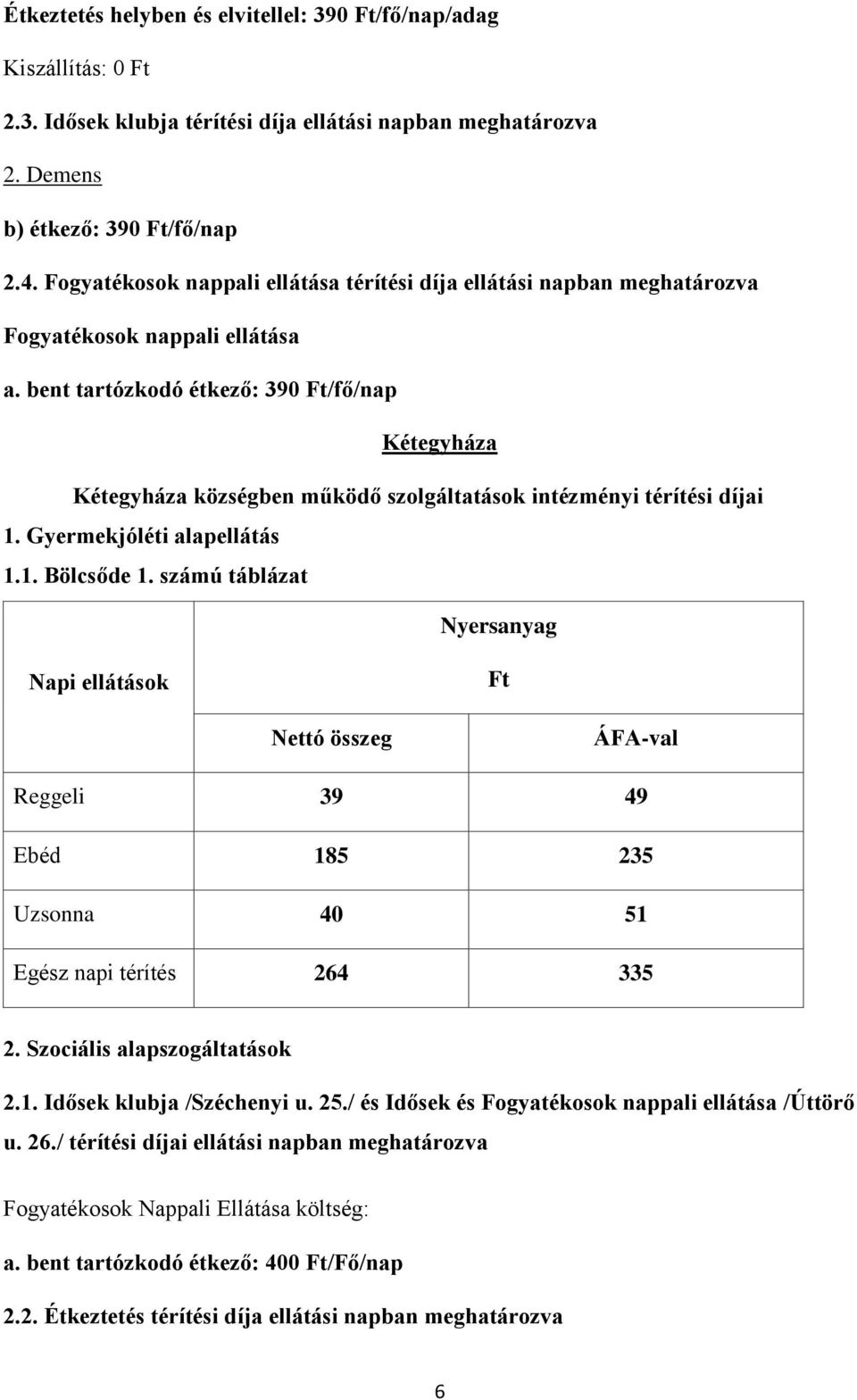 bent tartózkodó étkező: 390 Ft/fő/nap Kétegyháza Kétegyháza községben működő szolgáltatások intézményi térítési díjai 1. Gyermekjóléti alapellátás 1.1. Bölcsőde 1.