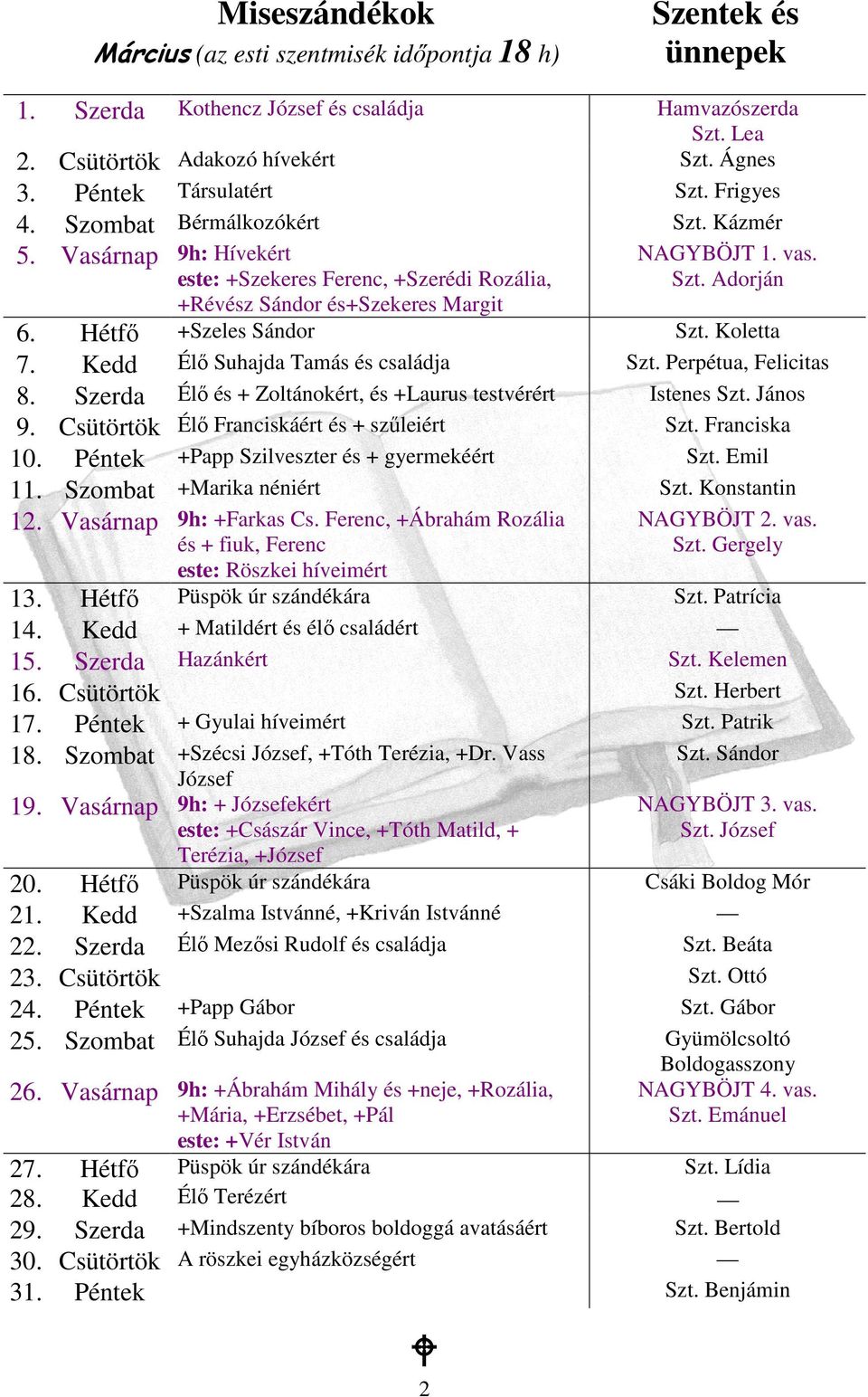 Hétfı +Szeles Sándor Szt. Koletta 7. Kedd Élı Suhajda Tamás és családja Szt. Perpétua, Felicitas 8. Szerda Élı és + Zoltánokért, és +Laurus testvérért Istenes Szt. János 9.