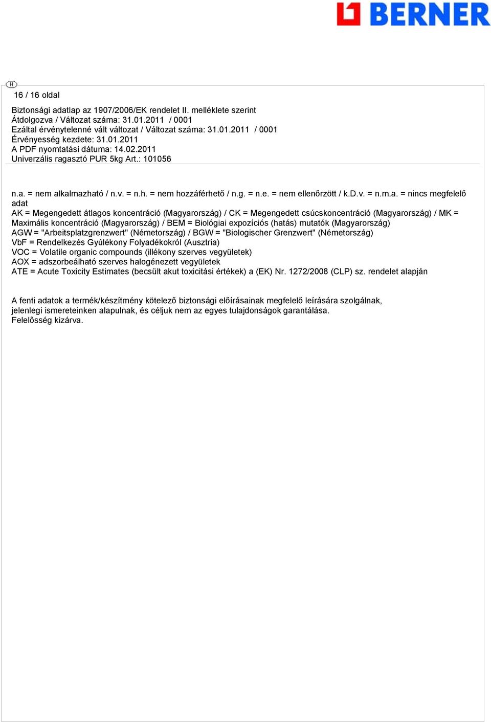 = = nincs megfelelő adat AK = Megengedett átlagos koncentráció (Magyarország) / CK = Megengedett csúcskoncentráció (Magyarország) / MK = Maximális koncentráció (Magyarország) / BEM = Biológiai