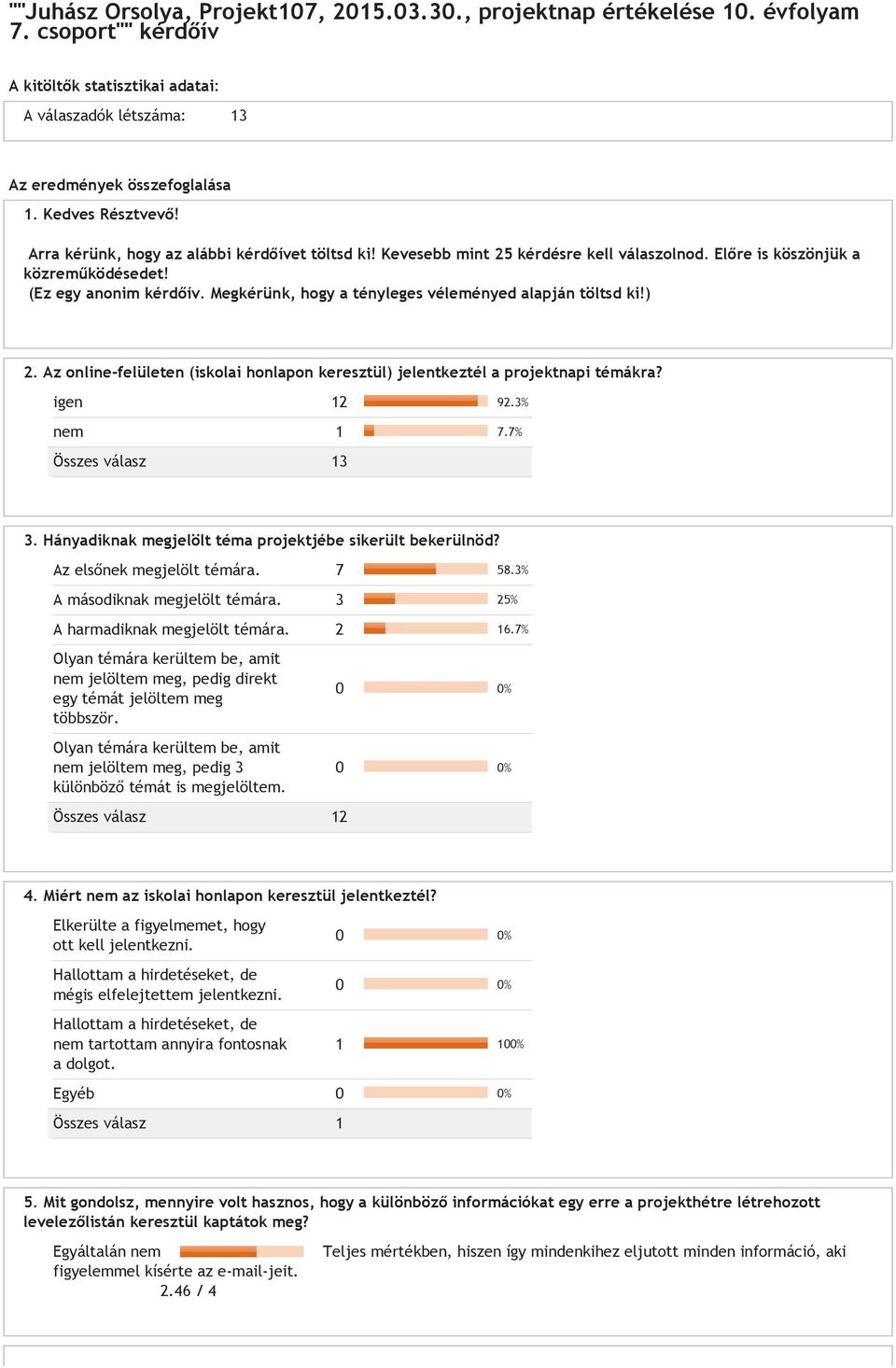 Megkérünk, hogy a tényleges véleményed alapján töltsd ki!) 2. Az online-felületen (iskolai honlapon keresztül) jelentkeztél a projektnapi témákra? igen 12 92.3% nem 1 7.7% 3.