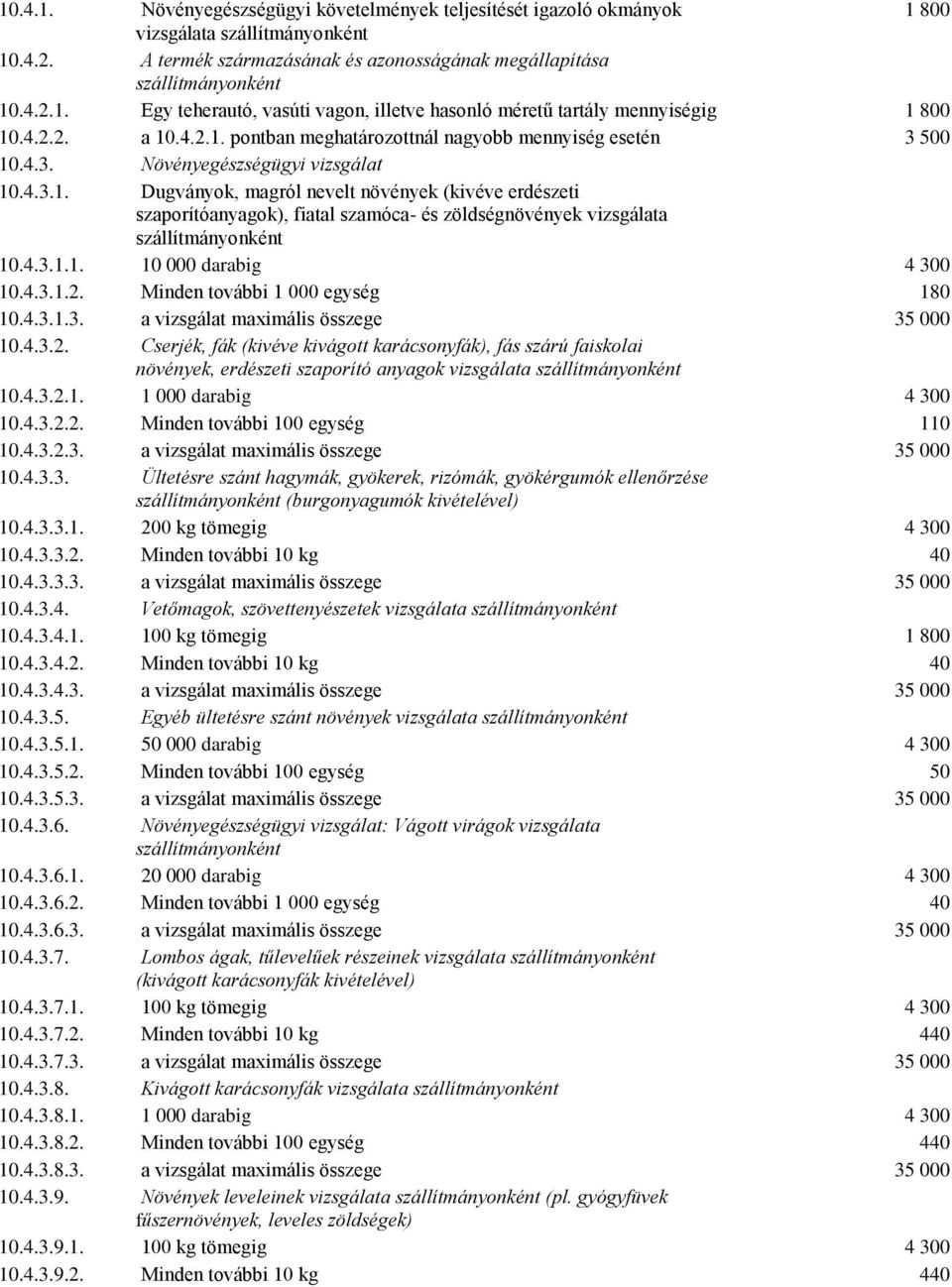 4.3.1.1. 10 000 darabig 4 300 10.4.3.1.2. Minden további 1 000 egység 180 10.4.3.1.3. a vizsgálat maximális összege 35 000 10.4.3.2. Cserjék, fák (kivéve kivágott karácsonyfák), fás szárú faiskolai növények, erdészeti szaporító anyagok vizsgálata szállítmányonként 10.