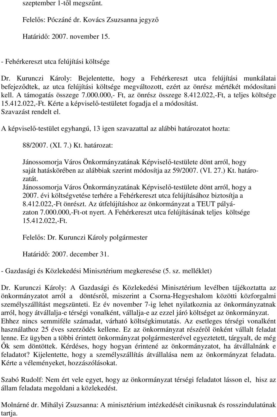 000.000,- Ft, az önrész összege 8.412.022,-Ft, a teljes költsége 15.412.022,-Ft. Kérte a képviselı-testületet fogadja el a módosítást. Szavazást rendelt el. 88/2007. (XI. 7.) Kt.