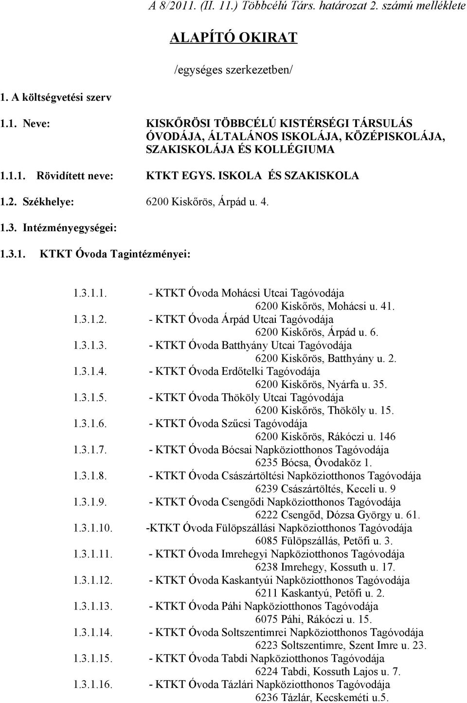 41. 1.3.1.2. - KTKT Óvoda Árpád Utcai Tagóvodája 6200 Kiskőrös, Árpád u. 6. 1.3.1.3. - KTKT Óvoda Batthyány Utcai Tagóvodája 6200 Kiskőrös, Batthyány u. 2. 1.3.1.4. - KTKT Óvoda Erdőtelki Tagóvodája 6200 Kiskőrös, Nyárfa u.