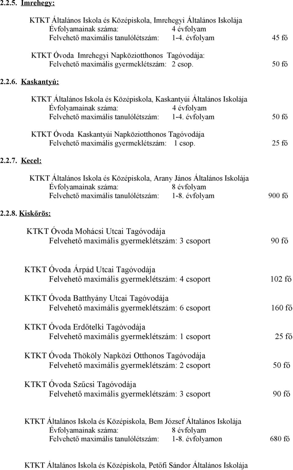 50 fő KTKT Általános Iskola és Középiskola, Kaskantyúi Általános Iskolája 4 évfolyam Felvehető maximális tanulólétszám: 1-4.