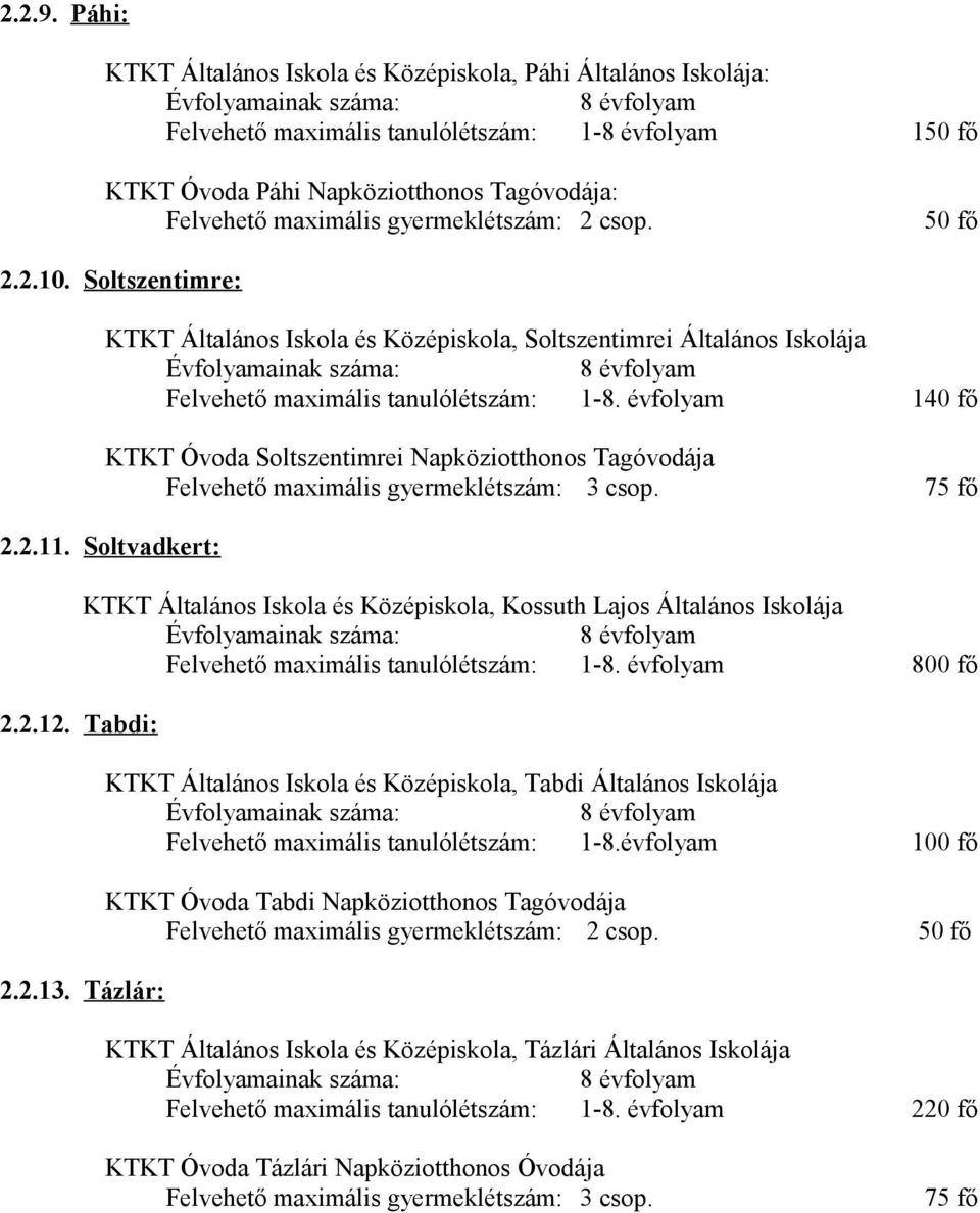 gyermeklétszám: 2 csop. 50 fő 2.2.10. Soltszentimre: KTKT Általános Iskola és Középiskola, Soltszentimrei Általános Iskolája 8 évfolyam Felvehető maximális tanulólétszám: 1-8.