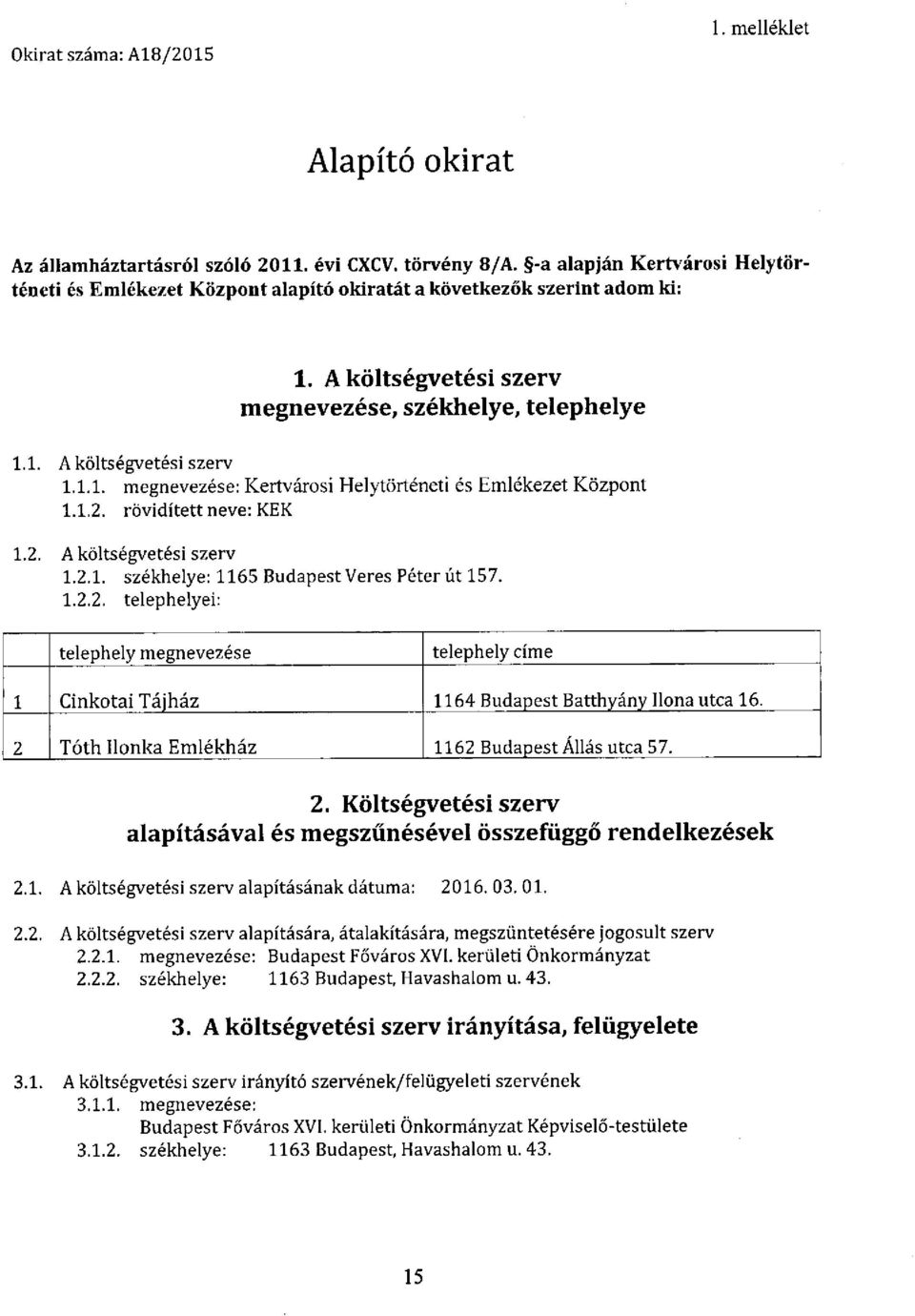 1.2. rövidített neve: KEK 1.2. A költségvetési szerv 1.2.1. székhelye: 1165 Budapest Veres Péter út 157. 1.2.2. telephelyei: telephely megnevezése telephely címe 1 Cinkotai Tájház 1164 Budapest Batthyány Ilona utca 16.