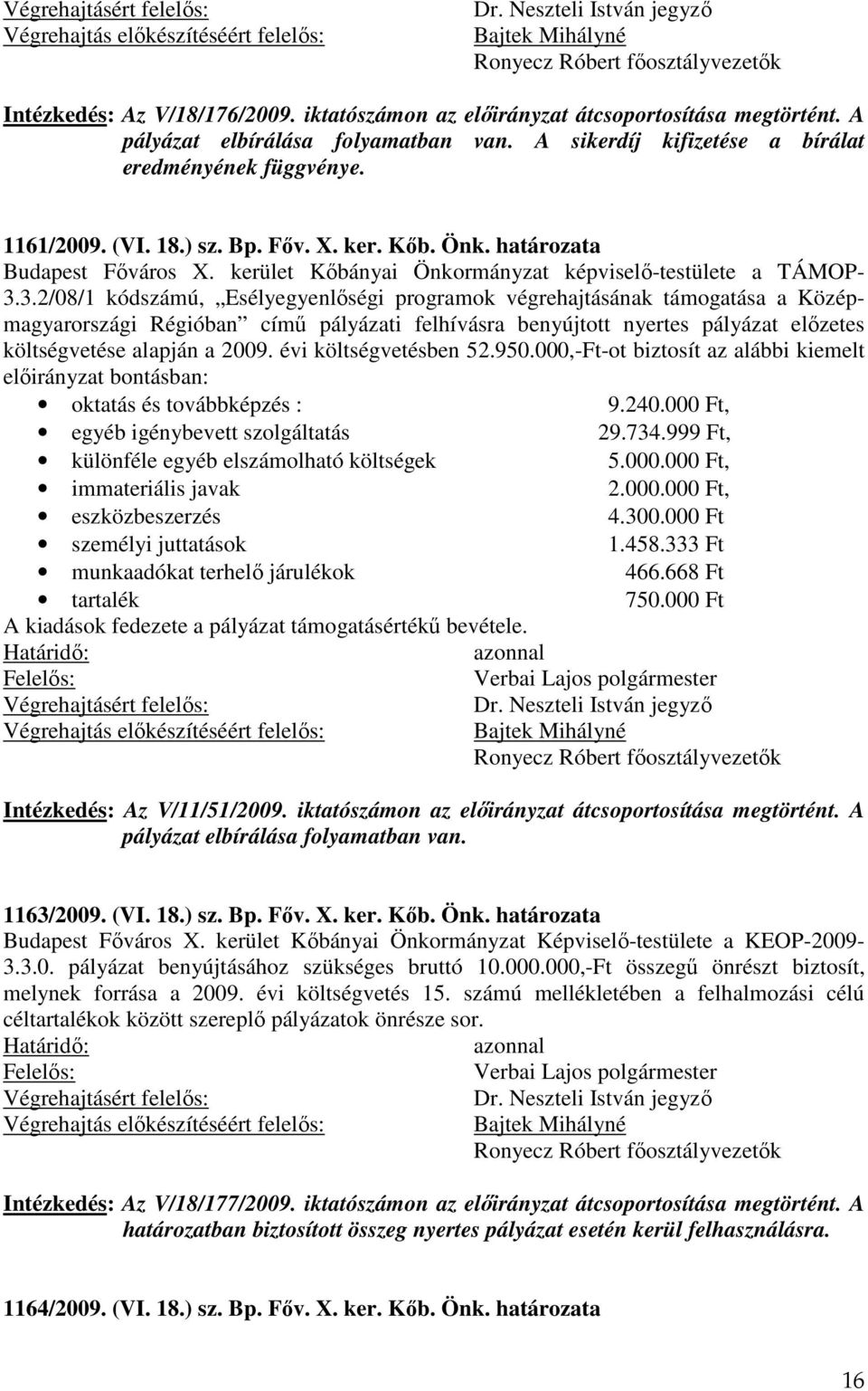 3.2/08/1 kódszámú, Esélyegyenlőségi programok végrehajtásának támogatása a Középmagyarországi Régióban című pályázati felhívásra benyújtott nyertes pályázat előzetes költségvetése alapján a 2009.