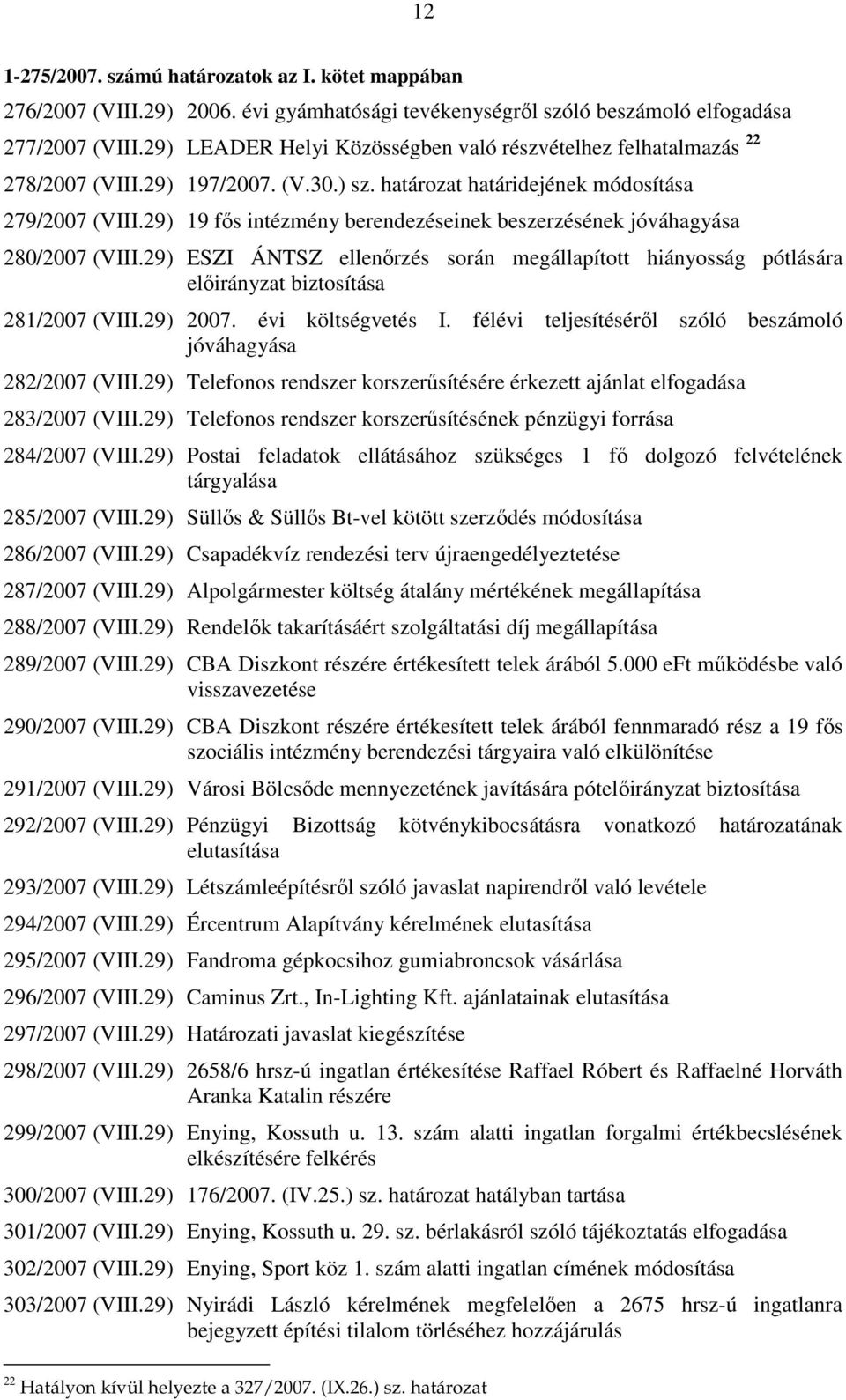 29) 19 fıs intézmény berendezéseinek beszerzésének jóváhagyása 280/2007 (VIII.29) ESZI ÁNTSZ ellenırzés során megállapított hiányosság pótlására elıirányzat biztosítása 281/2007 (VIII.29) 2007.