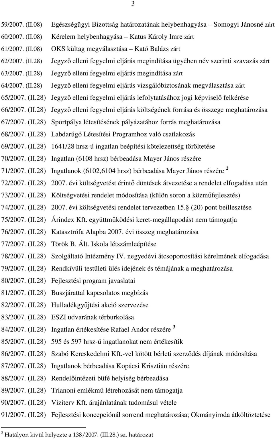 (II.28) Jegyzı elleni fegyelmi eljárás lefolytatásához jogi képviselı felkérése 66/2007. (II.28) Jegyzı elleni fegyelmi eljárás költségének forrása és összege meghatározása 67/2007. (II.28) Sportpálya létesítésének pályázatához forrás meghatározása 68/2007.