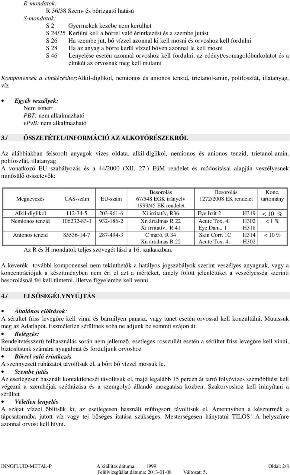 az orvosnak meg kell mutatni Komponensek a címkézéshez:alkil-diglikol, nemionos és anionos tenzid, trietanol-amin, polifoszfát, illatanyag, víz Egyéb veszélyek: Nem ismert PBT: vpvb: 3.