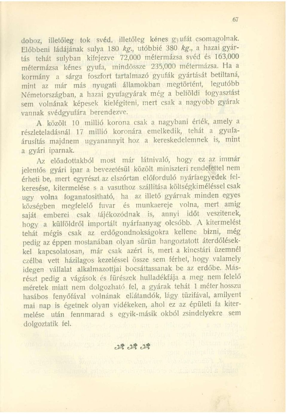 Ha a kormány a sárga foszfort tartalmazó gyufák gyártását betiltaná, mint az már más nyugati államokban megtörtént, legutóbb Németországban, a hazai gyufagyárak még a belföldi fogyasztást sem