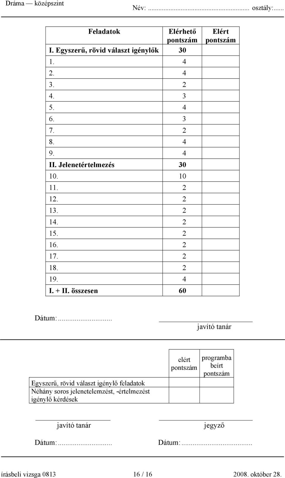 összesen 60 Elért pontszám Dátum:.