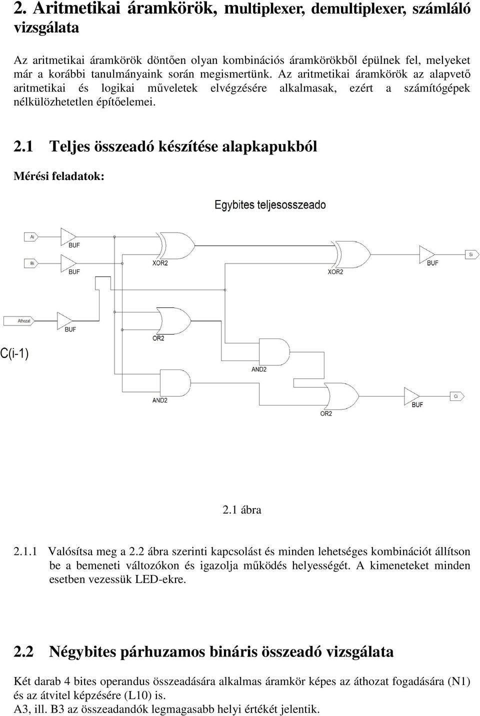 1 Teljes összeadó készítése alapkapukból Mérési feladatok: 2.1 ábra 2.1.1 Valósítsa meg a 2.