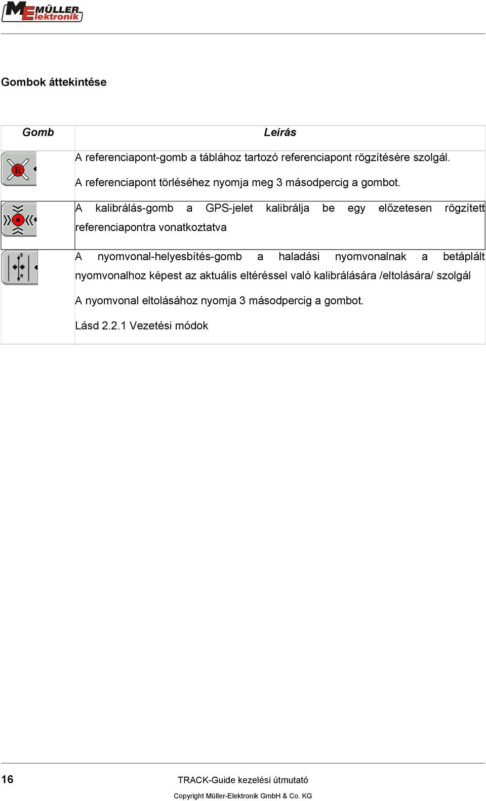 A kalibrálás-gomb a GPS-jelet kalibrálja be egy előzetesen rögzített referenciapontra vonatkoztatva A nyomvonal-helyesbítés-gomb a