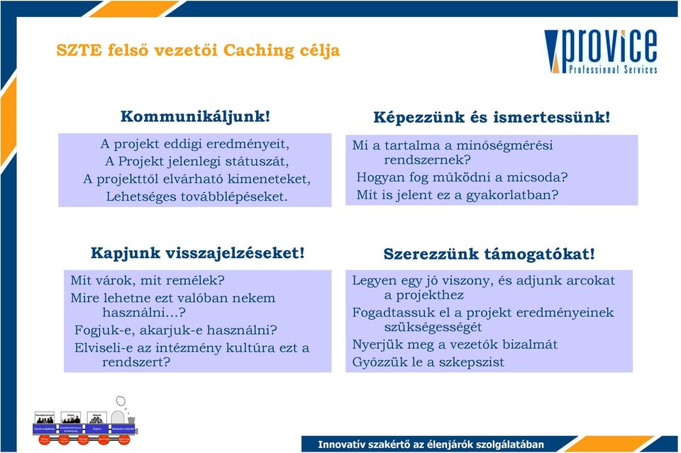 Mit várok, mit remélek? Mire lehetne ezt valóban nekem használni? Fogjuk-e, akarjuk-e használni? Elviseli-e az intézmény kultúra ezt a rendszert? Szerezzünk támogatókat!