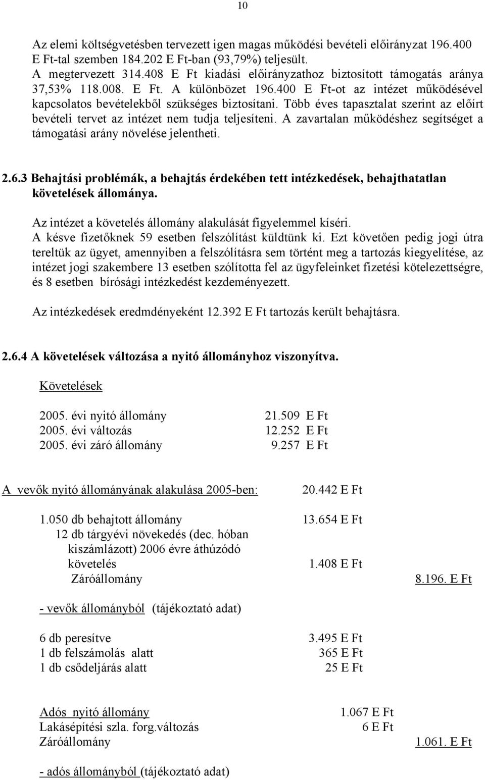 Több éves tapasztalat szerint az előírt bevételi tervet az intézet nem tudja teljesíteni. A zavartalan működéshez segítséget a támogatási arány növelése jelentheti. 2.6.