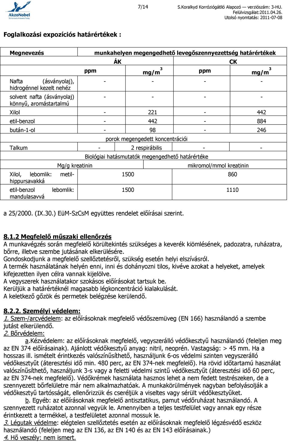 határértékek ÁK ppm mg/m 3 ppm mg/m 3 - - - - - - - - Xilol - 221-442 etil-benzol - 442-884 bután-1-ol - 98-246 porok megengedett koncentrációi Talkum - 2 respirábilis - - Xilol, lebomlik: