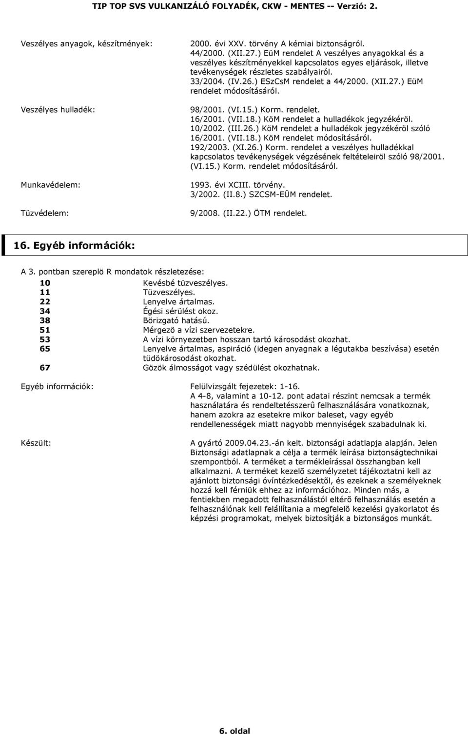 ) EüM rendelet módosításáról. 98/2001. (VI.15.) Korm. rendelet. 16/2001. (VII.18.) KöM rendelet a hulladékok jegyzékéröl. 10/2002. (III.26.) KöM rendelet a hulladékok jegyzékéröl szóló 16/2001. (VII.18.) KöM rendelet módosításáról.