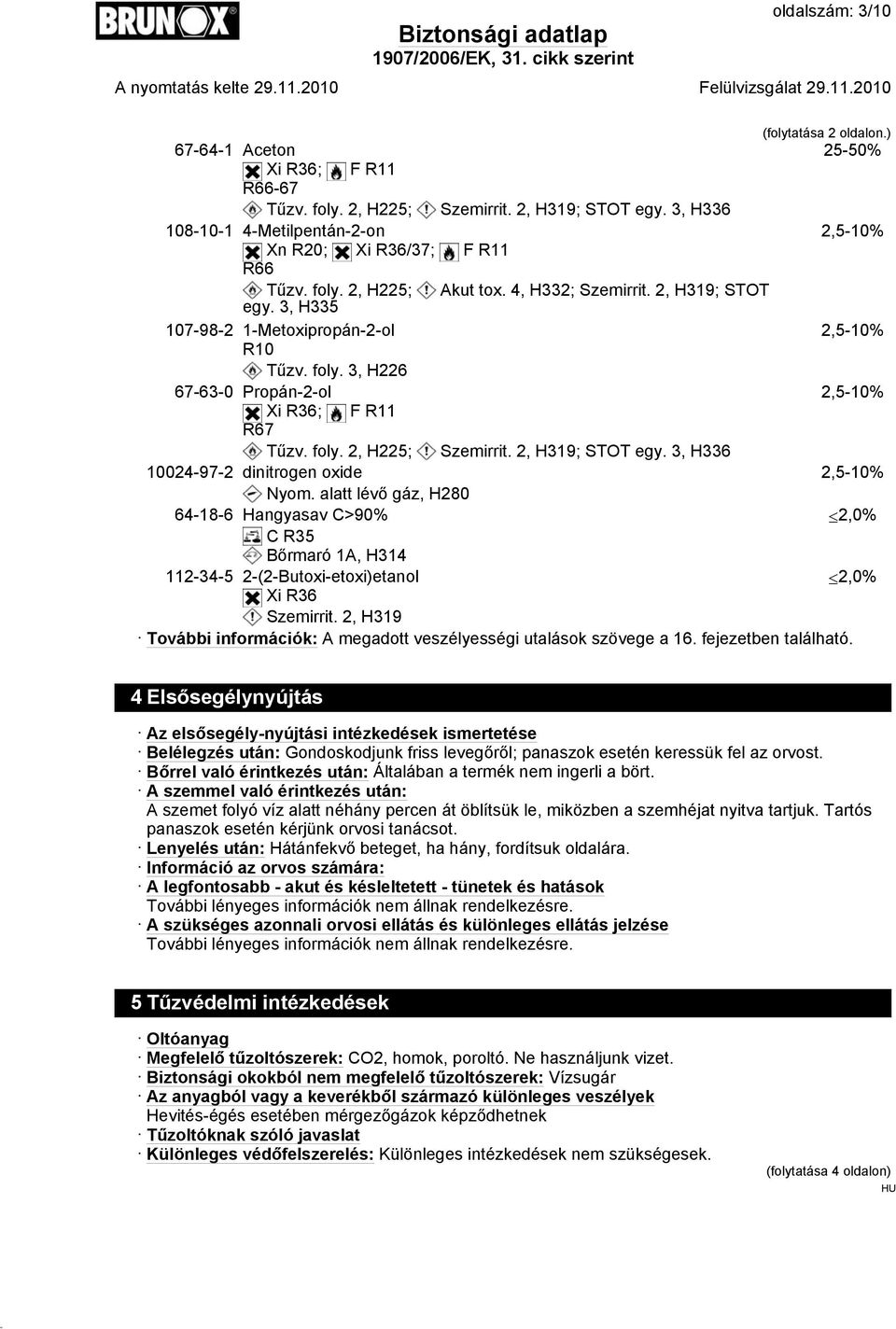 foly. 3, H226 67-63-0 Propán-2-ol 2,5-10% Xi R36; F R11 R67 Tűzv. foly. 2, H225; Szemirrit. 2, H319; STOT egy. 3, H336 10024-97-2 dinitrogen oxide 2,5-10% Nyom.