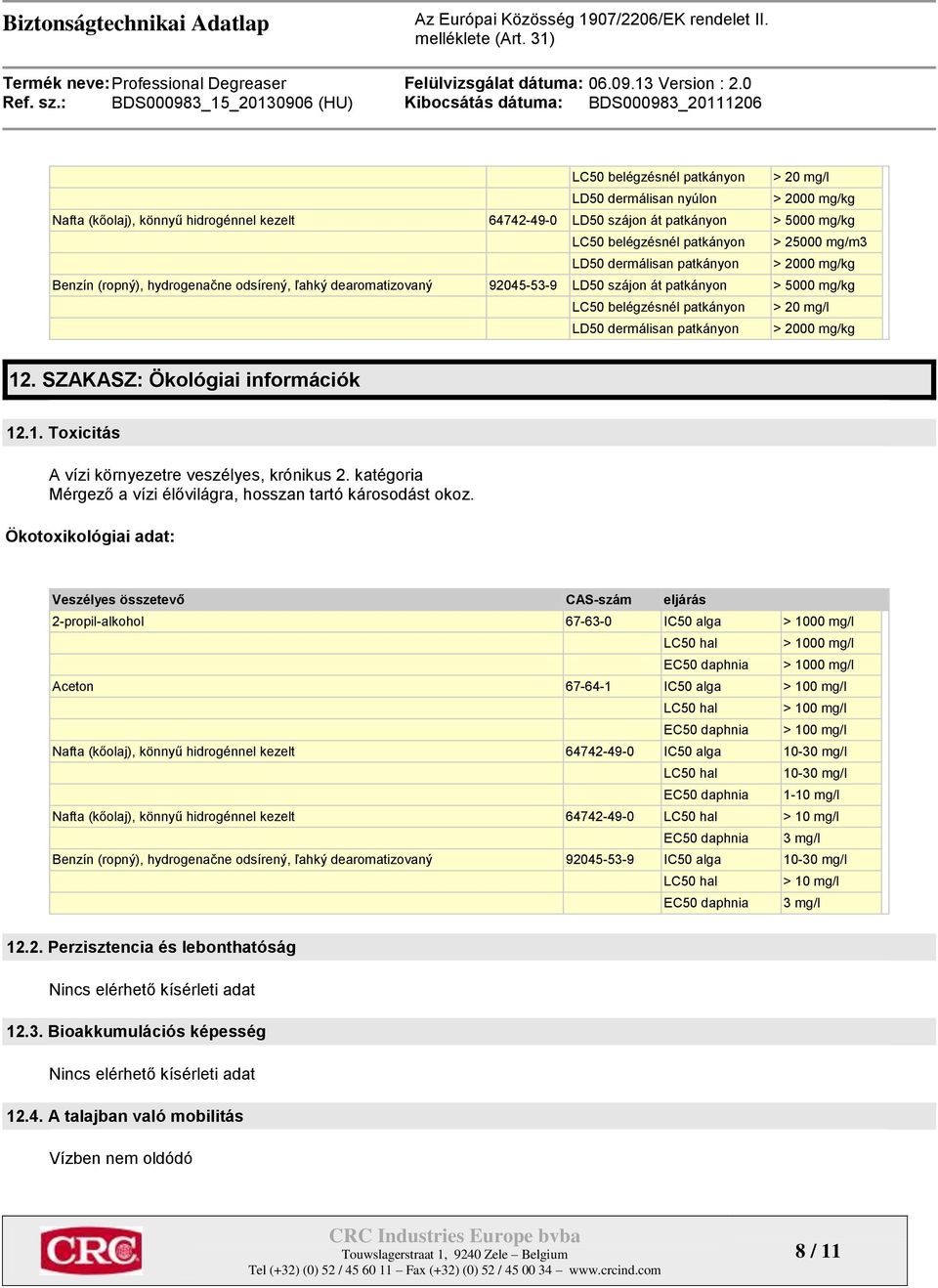 dermálisan patkányon > 2000 mg/kg 12. SZAKASZ: Ökológiai információk 12.1. Toxicitás A vízi környezetre veszélyes, krónikus 2. katégoria Mérgező a vízi élővilágra, hosszan tartó károsodást okoz.