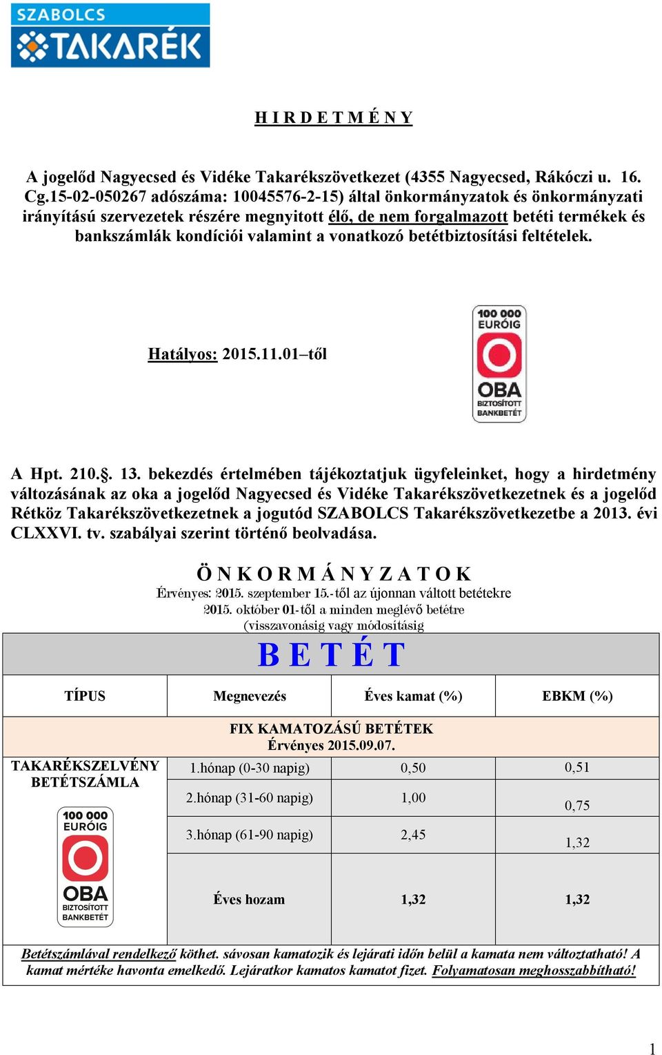 vonatkozó betétbiztosítási feltételek. Hatályos: 2015.11.01 től A Hpt. 210.. 13.