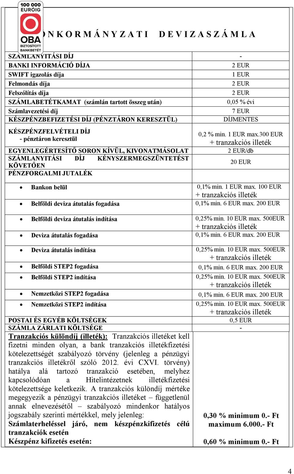 KÉNYSZERMEGSZÜNTETÉST KÖVETŐEN PÉNZFORGALMI JUTALÉK 0,2 % min. 1 EUR max.300 EUR /db 20 EUR Bankon belül 0,1% min. 1 EUR max. 100 EUR Belföldi deviza átutalás fogadása 0,1% min. 6 EUR max.
