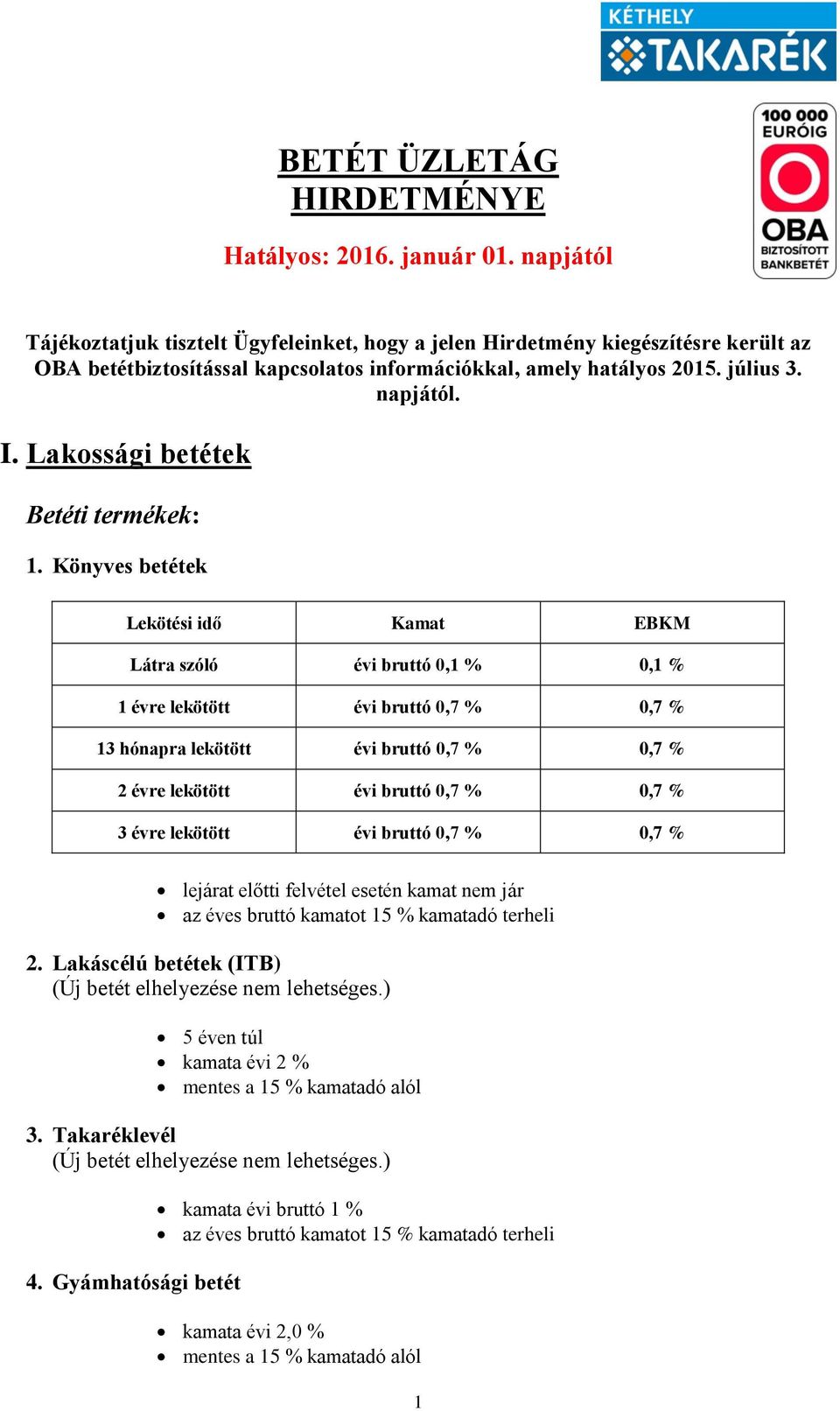 Lakossági betétek Betéti termékek: 1.