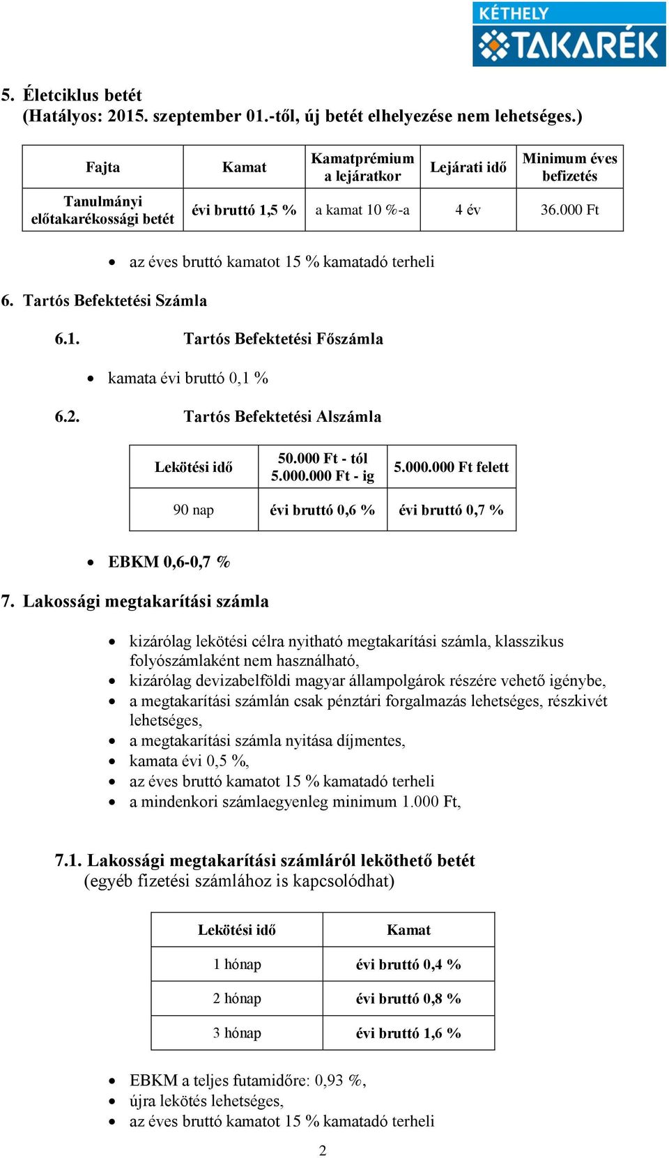 2. Tartós Befektetési Alszámla Lekötési idő 50.00 - tól 5.000.00 - ig 5.000.00 felett 90 nap évi bruttó 0,6 % évi bruttó 0,7 % EBKM 0,6-0,7 % 7.