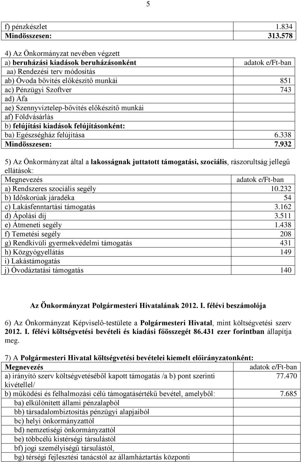 ae) Szennyvíztelep-bővítés előkészítő munkái af) Földvásárlás b) felújítási kiadások felújításonként: ba) Egészségház felújítása 6.338 Mindösszesen: 7.