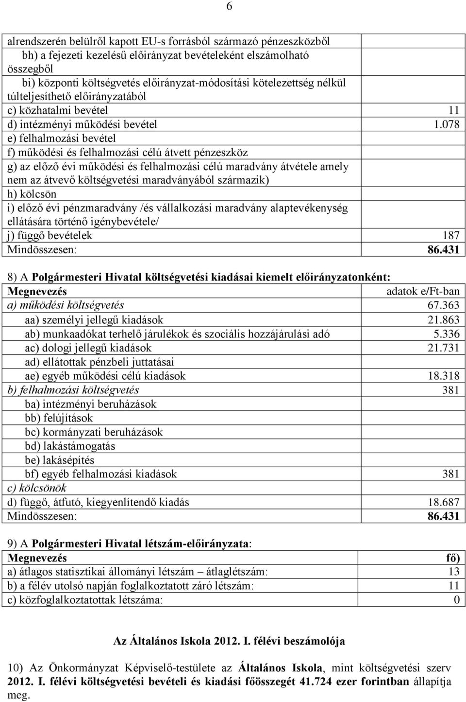 078 e) felhalmozási bevétel f) működési és felhalmozási célú átvett pénzeszköz g) az előző évi működési és felhalmozási célú maradvány átvétele amely nem az átvevő költségvetési maradványából