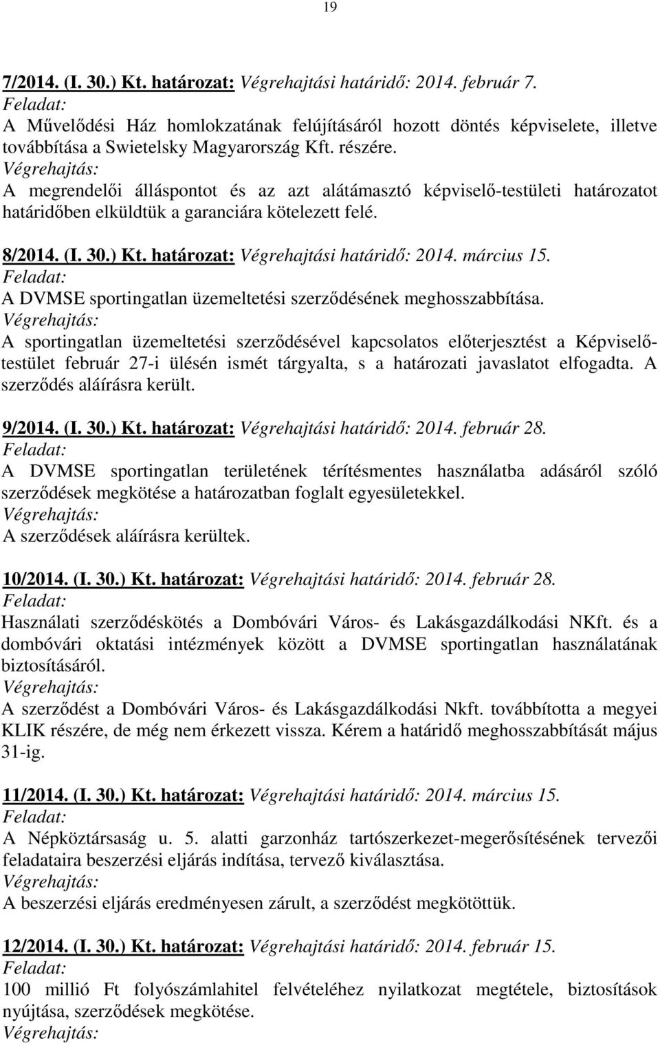 határozat: Végrehajtási határidő: 2014. március 15. A DVMSE sportingatlan üzemeltetési szerződésének meghosszabbítása.