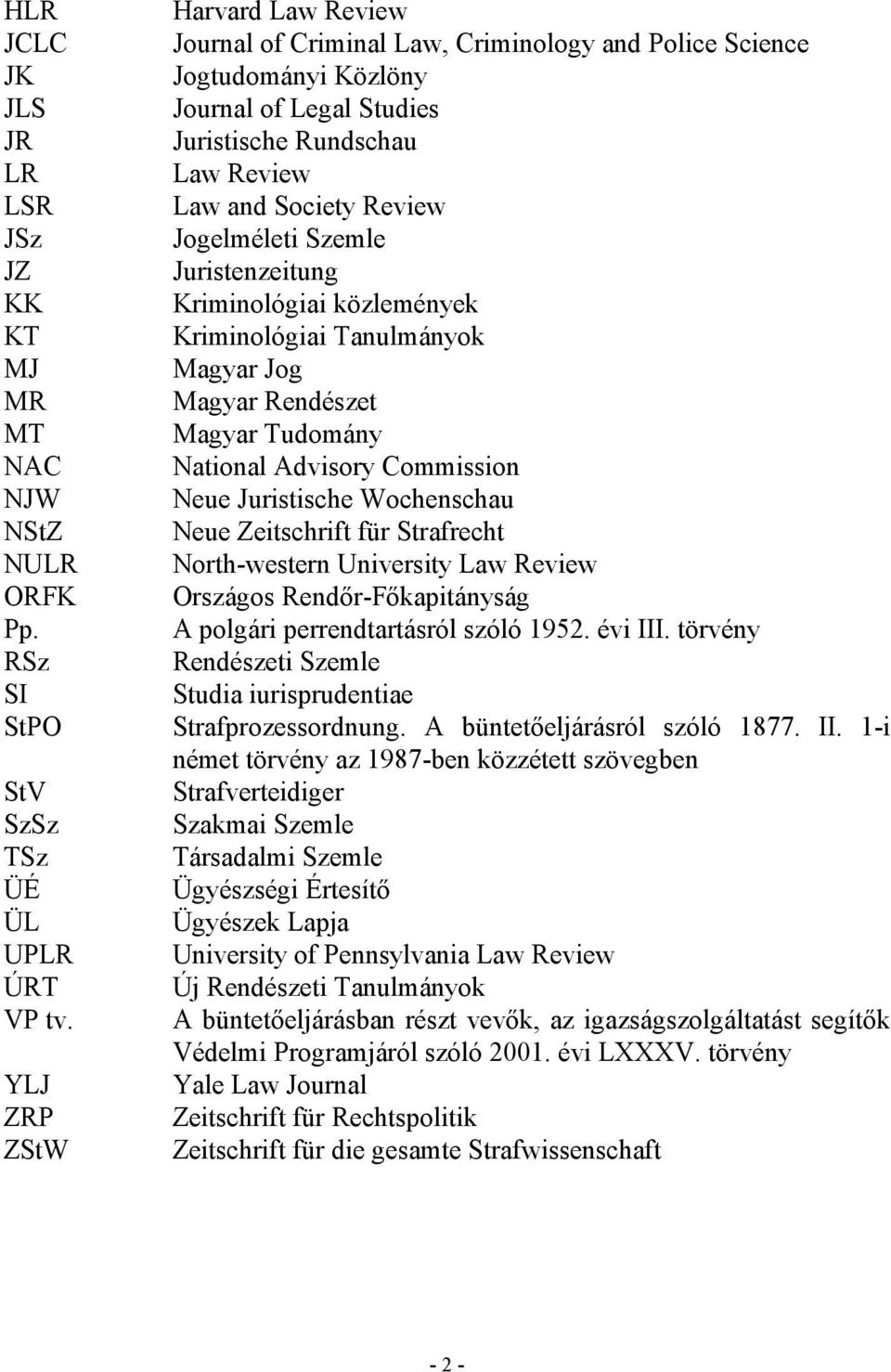 Neue Juristische Wochenschau NStZ Neue Zeitschrift für Strafrecht NULR North-western University Law Review ORFK Országos Rendőr-Főkapitányság Pp. A polgári perrendtartásról szóló 1952. évi III.