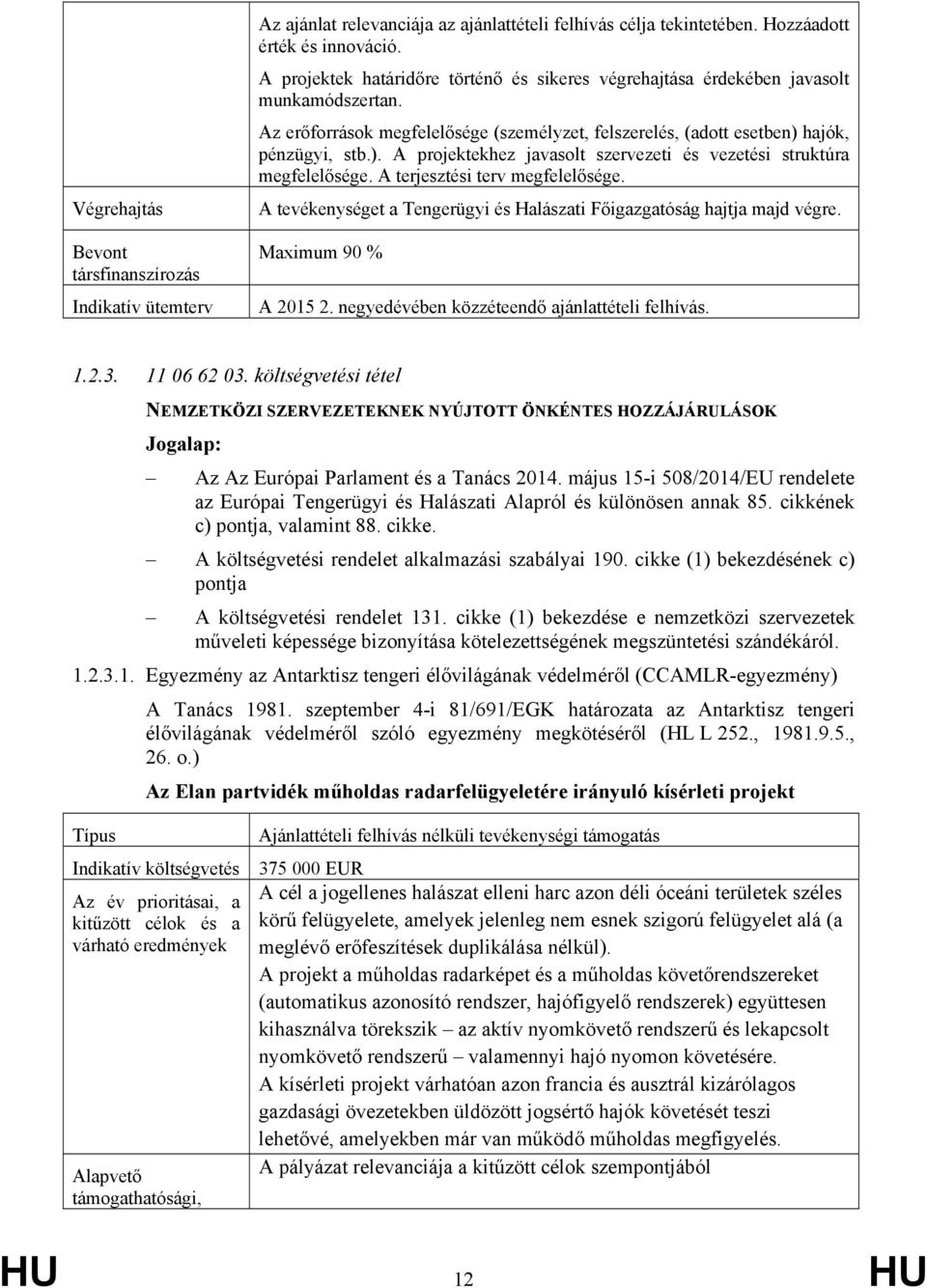 A tevékenységet a Tengerügyi és Halászati Főigazgatóság hajtja majd végre. Maximum 90 % A 2015 2. negyedévében közzéteendő ajánlattételi felhívás. 1.2.3. 11 06 62 03.