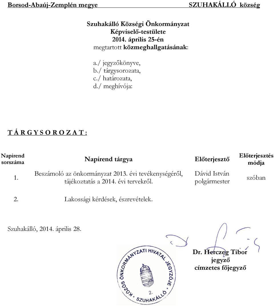 / meghívója: T Á R G Y S O R O Z A T : Napirend sorszáma Napirend tárgya Előterjesztő Előterjesztés módja 1.