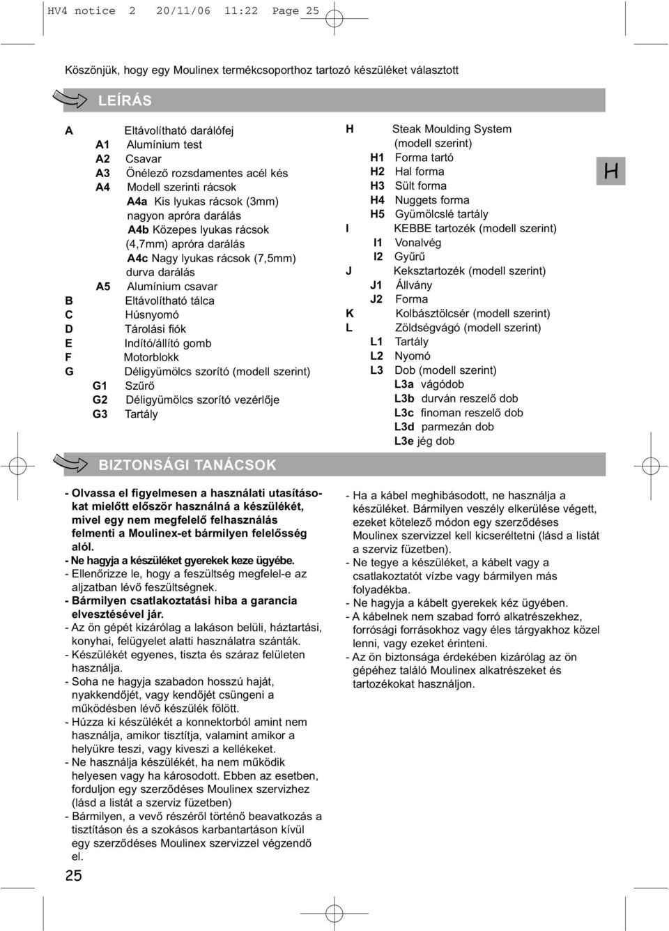 darálás Alumínium csavar Eltávolítható tálca Húsnyomó Tárolási fiók Indító/állító gomb Motorblokk Déligyümölcs szorító (modell szerint) Szűrő Déligyümölcs szorító vezérlője Tartály H I J K L Steak