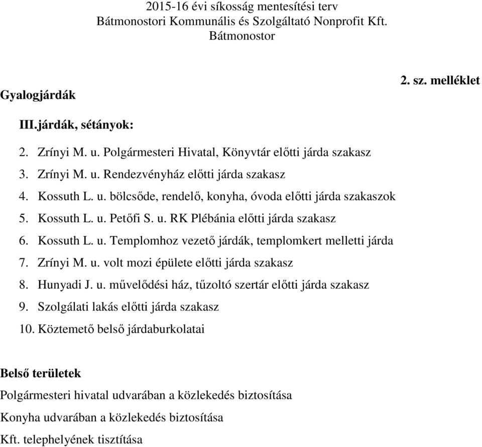 Zrínyi M. u. volt mozi épülete előtti járda szakasz 8. Hunyadi J. u. művelődési ház, tűzoltó szertár előtti járda szakasz 9. Szolgálati lakás előtti járda szakasz 10.