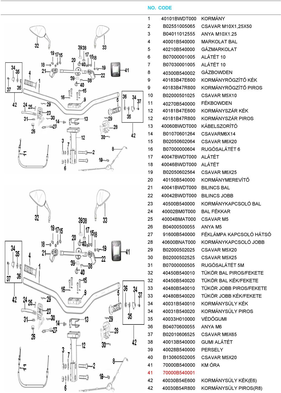 PIROS 10 B02000501025 CSAVAR M5X10 11 40270B540000 FÉKBOWDEN 12 40181B47E600 KORMÁNYSZÁR KÉK 12 40181B47R800 KORMÁNYSZÁR PIROS 13 40060BWDT000 KÁBELSZORÍTÓ 14 B01070601264 CSAVARM6X14 15 B02050602064